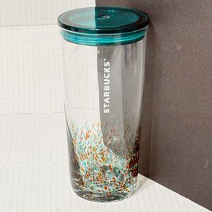 2022 (18oz) Starbucks Spring Teal & Orange Confetti Clear Glass Tumbler